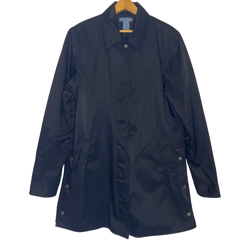 Womens Duluth Trading Co Rain Coat Black Jacket Long‎ Weatherproof Medium Preppy